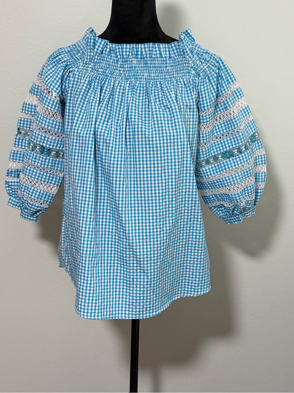 MI GOLONDRINA Gingham Balloon Sleeve Lace Off the Shoulder Top- Small